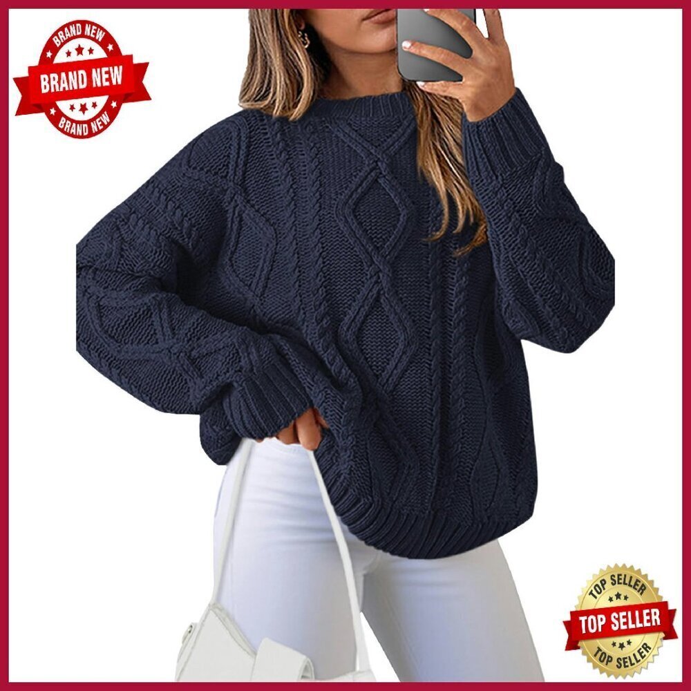 Women's Long Sleeve Cable Knit Pullover Sweater Loose Fit Ribbed Crewneck